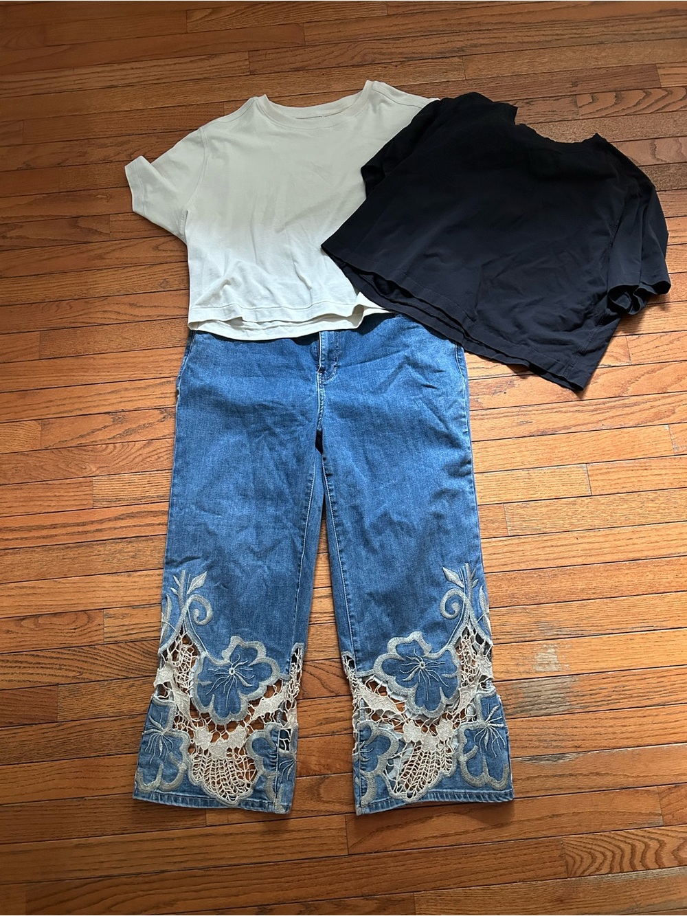 Denim Charlie B wide legged crop Jeans with Lace Trim - Blue and 2 Lululemon T’s